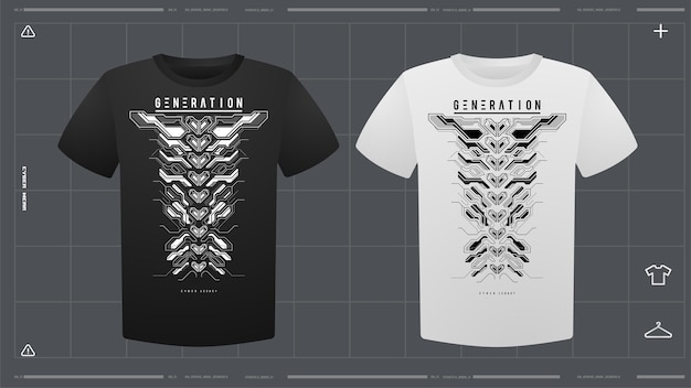 Camiseta masculina con maqueta de impresión futurista Visión delantera plantilla vectorial Impresión de diseño Cyber Hud