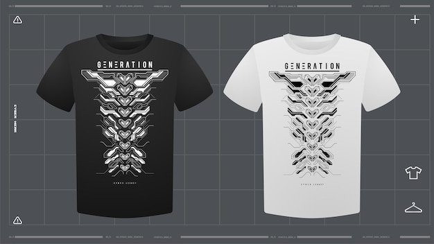 Vector camiseta masculina con maqueta de impresión futurista visión delantera plantilla vectorial impresión de diseño cyber hud