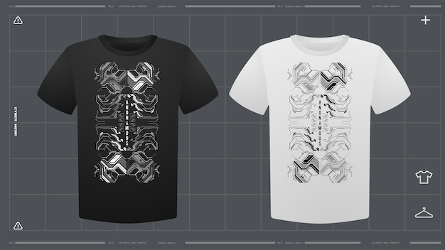 Vector camiseta masculina con maqueta de impresión futurista visión delantera plantilla vectorial impresión de diseño cyber hud