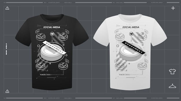 Vector camiseta masculina con maqueta de impresión futurista visión delantera plantilla vectorial impresión de diseño cyber hud