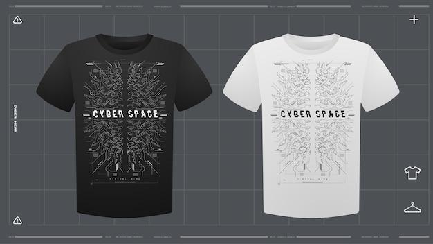 Vector camiseta masculina con maqueta de impresión futurista visión delantera plantilla vectorial impresión de diseño cyber hud