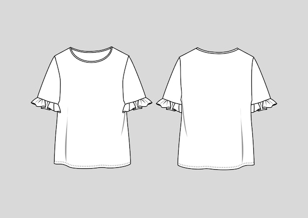 Vector camiseta de moda con cuello redondo y puños con volantes, dibujo plano