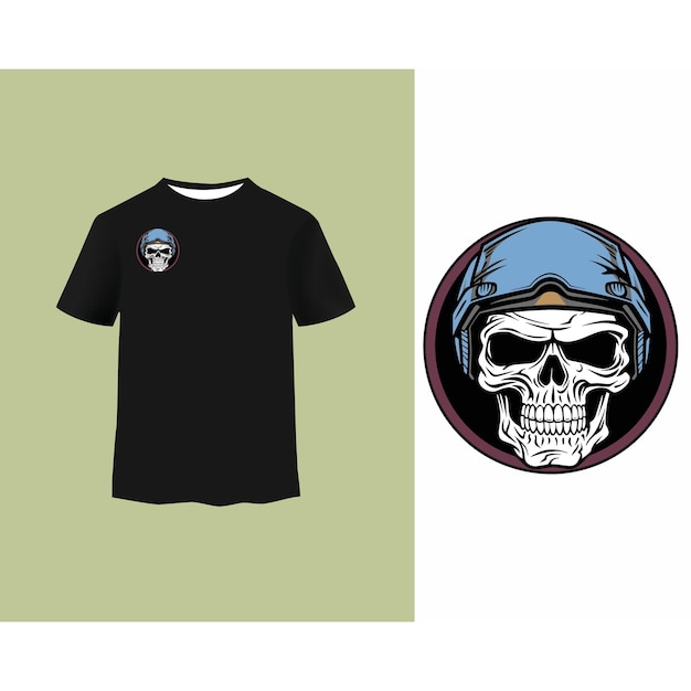 Vector camiseta negra con diseño de calavera con casco azul.