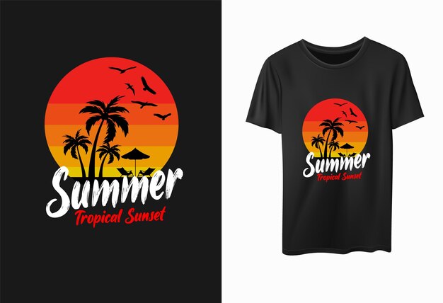 Camiseta negra libre de vectores con palmeras y las palabras diseño de puesta de sol tropical de verano