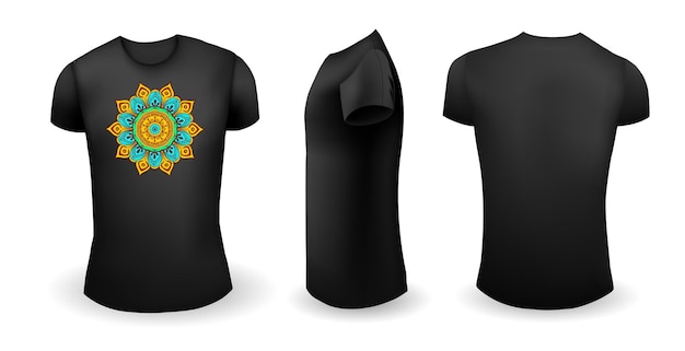 Camiseta negra masculina con mandala en la parte delantera, trasera y lateral.