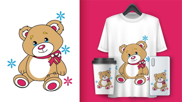 Una camiseta con un oso de peluche y una taza de café.