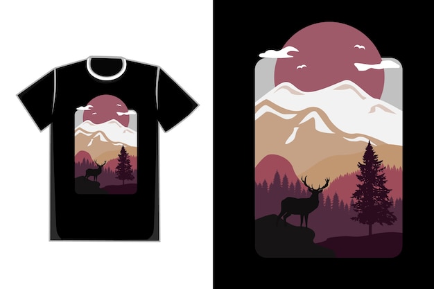 Camiseta plana montaña ciervo bosque