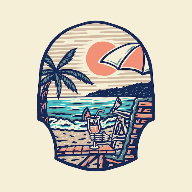 Camiseta de playa de verano, estilo de línea dibujada a mano con color digital, ilustración