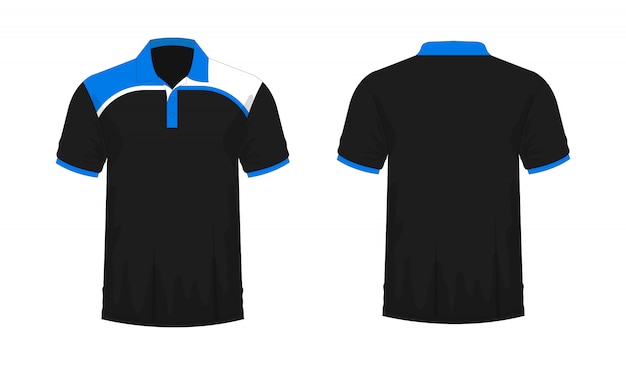 Camiseta polo azul y negro plantilla para diseño sobre fondo blanco.