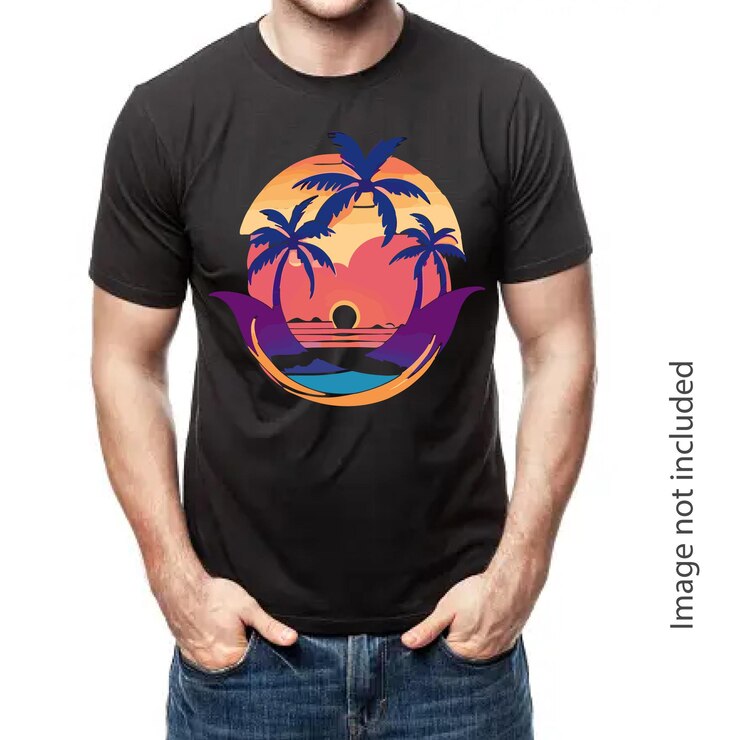 Camiseta con puesta de sol hawaiana y palmerascolores vibrantesAi Genenerated