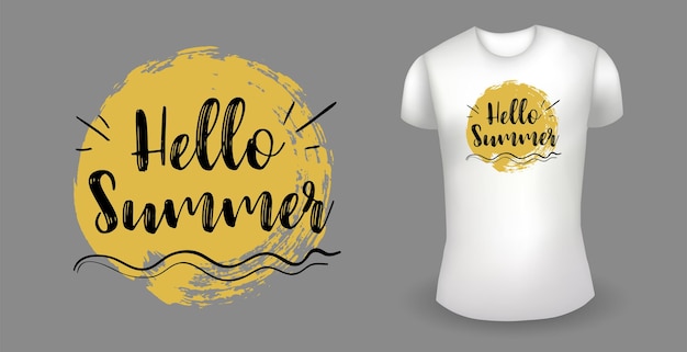 Camiseta realista masculina blanca con etiqueta Hola verano insignia vector