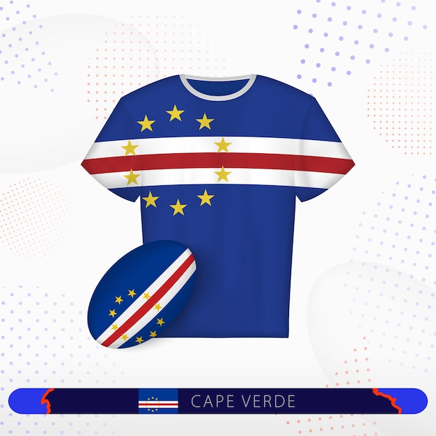 Camiseta de rugby de Cabo Verde con pelota de rugby de Cabo Verde sobre fondo deportivo abstracto