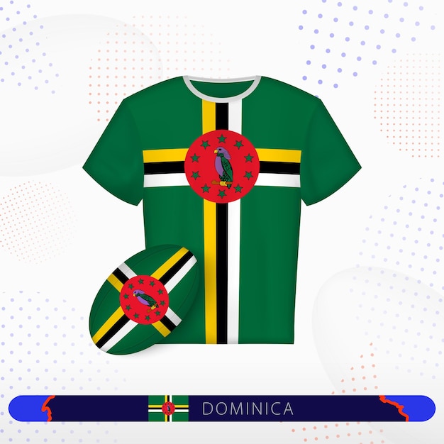 Vector camiseta de rugby de dominica con pelota de rugby de dominica sobre fondo deportivo abstracto