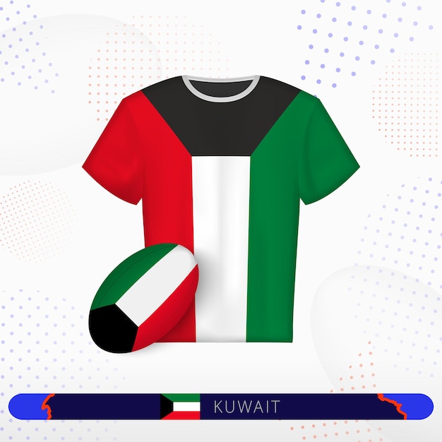 Camiseta de rugby de Kuwait con pelota de rugby de Kuwait sobre fondo deportivo abstracto