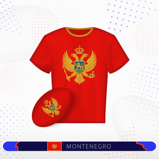 Camiseta de rugby de Montenegro con una pelota de rugby de Montenegro en un fondo deportivo abstracto