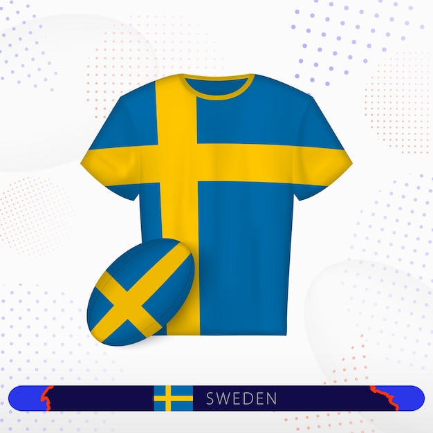 Camiseta de rugby de Suecia con una pelota de rugby de Sweden en un fondo deportivo abstracto