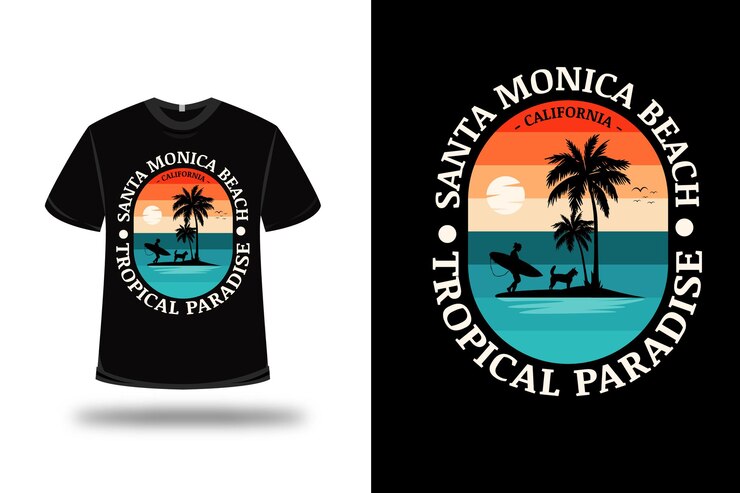 Vector camiseta santa mónica playa paraíso tropical color naranja y verde