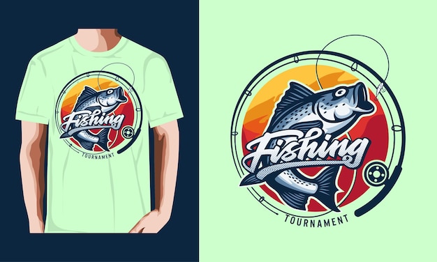 Camiseta, torneo de pesca, estilo, vendimia, ilustración, vector premium