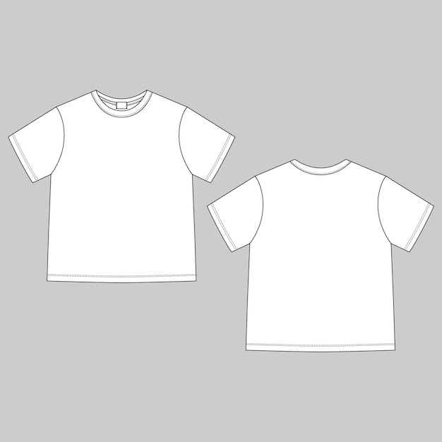 Camiseta unisex en blanco de dibujo técnico sobre fondo gris. plantilla de diseño cad de camisetas de ropa. vistas frontal y trasera. ilustración vectorial