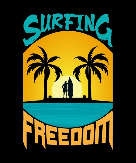 Camiseta de verano diseña un cartel para surfear con palmeras y un surfista en la espalda