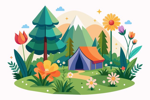 Camp Charming es un lugar hermoso para pasar un día con flores en flor contra un fondo blanco