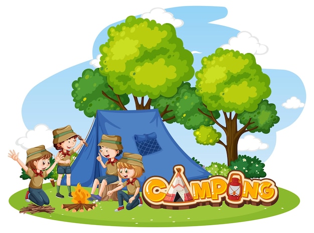 Vector campamento al aire libre con niños exploradores