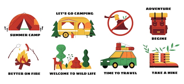 Campamento aventura Doodle emblemas y logotipos con caravana y fogata tienda de campaña o mochila Coche para viajes por la naturaleza Botas de montaña Colección de carteles turísticos Conjunto de insignias de dibujos animados vectoriales