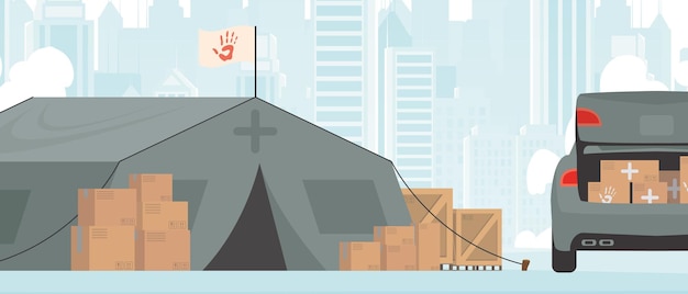 Campamento para ayuda humanitaria Tiendas de campaña y carga para los necesitados Diseño plano moderno Vector