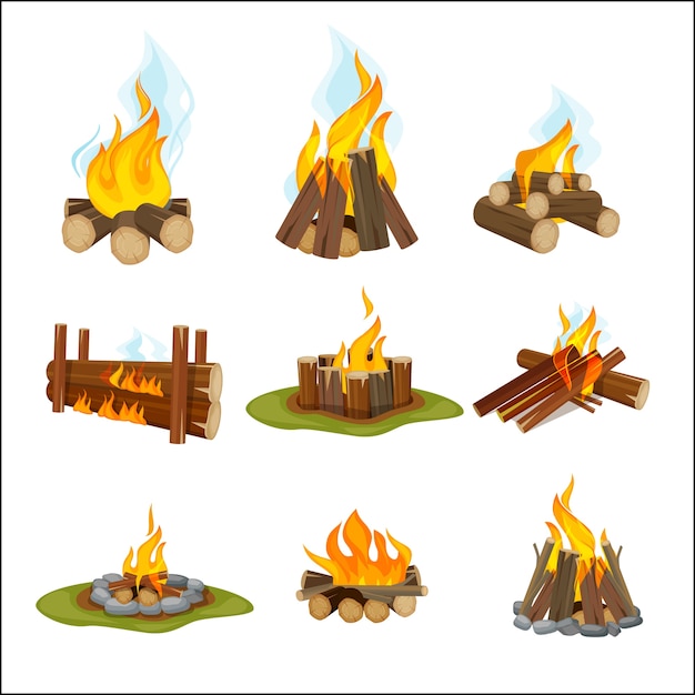 Campamento de bomberos. Chimenea de madera hoguera luz senderismo símbolos colección de viajes colección de dibujos animados de llama natural. Chimenea y fogata, ilustración de leña caliente.