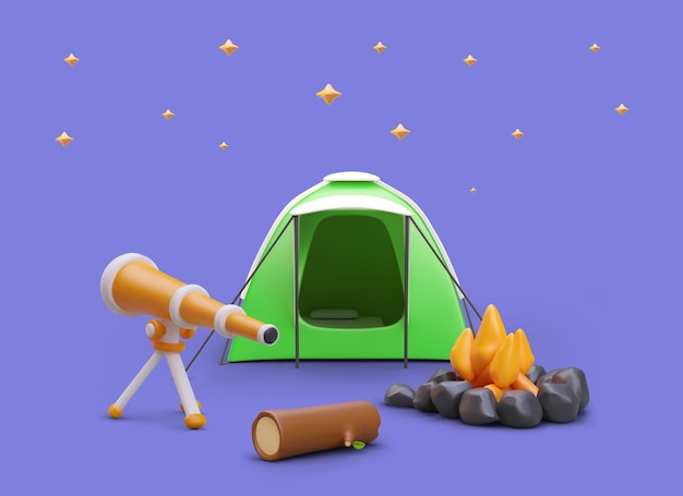 Campamento científico nocturno con telescopio Observación de estrellas Entretenimiento junto al fuego por la noche