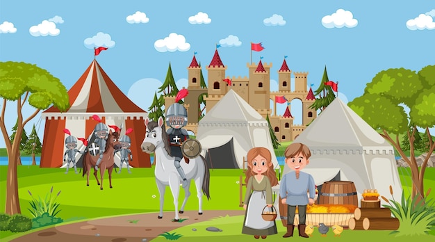 Campamento de escena de ciudad medieval con carpas y castillo