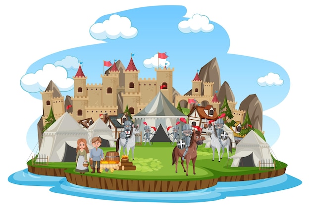 Campamento medieval militar sobre fondo blanco.