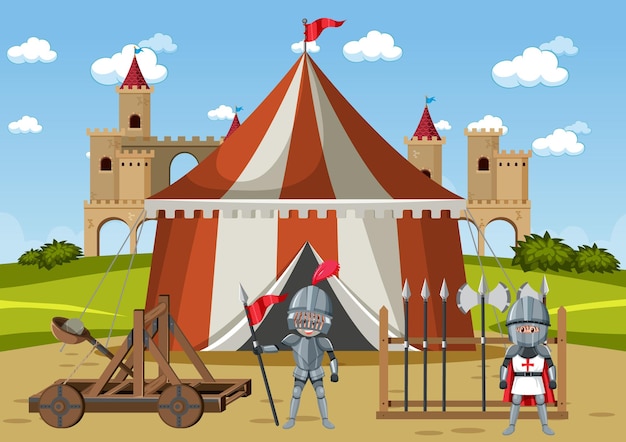 Campamento militar medieval con carpas y armas.