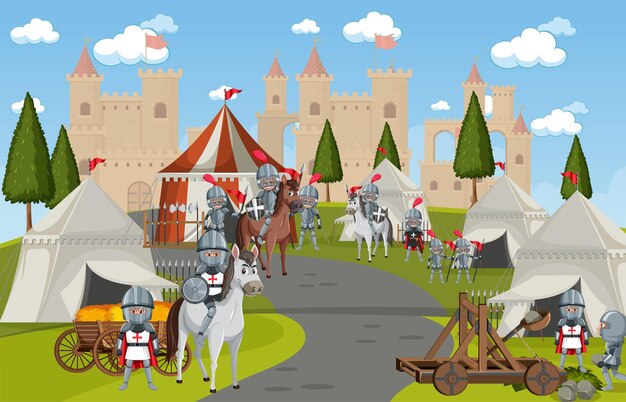 Vector campamento militar medieval con carpas y castillo