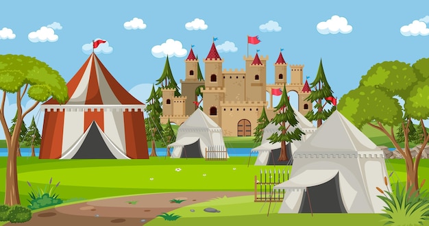 Campamento militar medieval con carpas y castillo