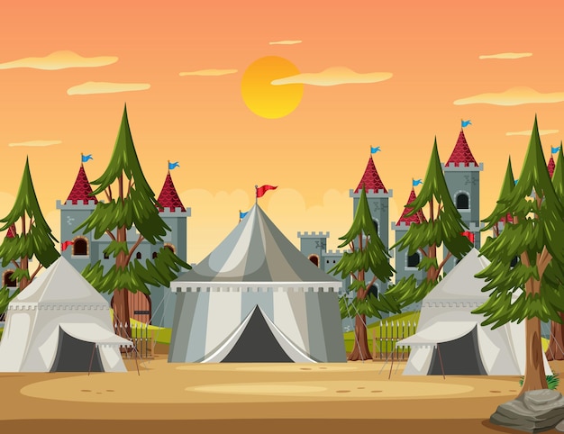 Campamento militar medieval con carpas y castillo