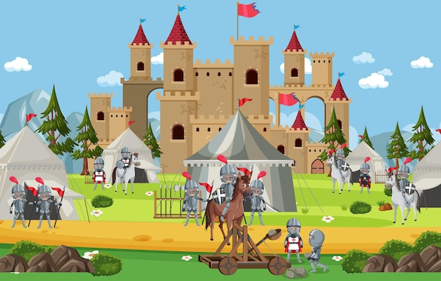 Vector campamento militar medieval con carpas y soldados.