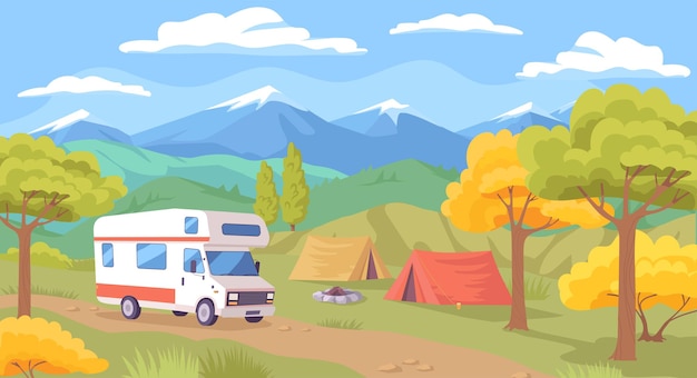 Vector campamento de montaña con carpas, chimenea y autocaravana vieja