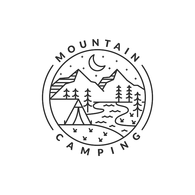 campamento nocturno de montaña insignia de vector ilustración de montaña y tienda de campaña monolina o diseño de estilo de arte de línea