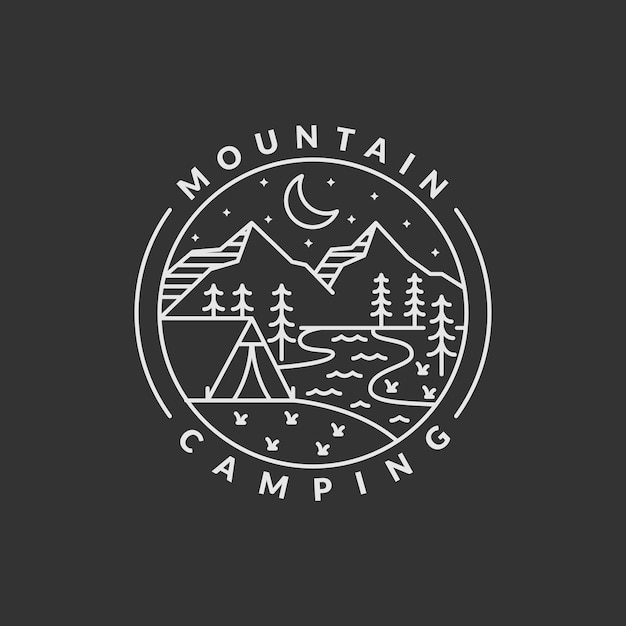 campamento nocturno de montaña insignia de vector ilustración de montaña y tienda de campaña monolina o diseño de estilo de arte de línea