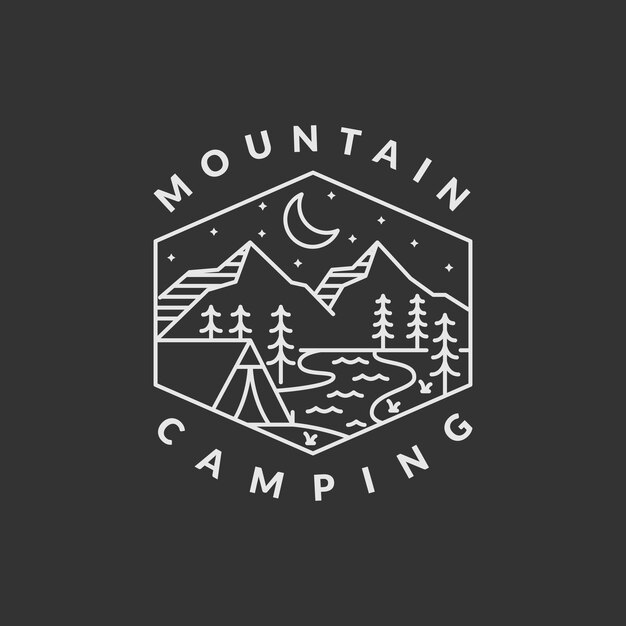 campamento nocturno de montaña insignia de vector ilustración de montaña y tienda de campaña monolina o diseño de estilo de arte de línea