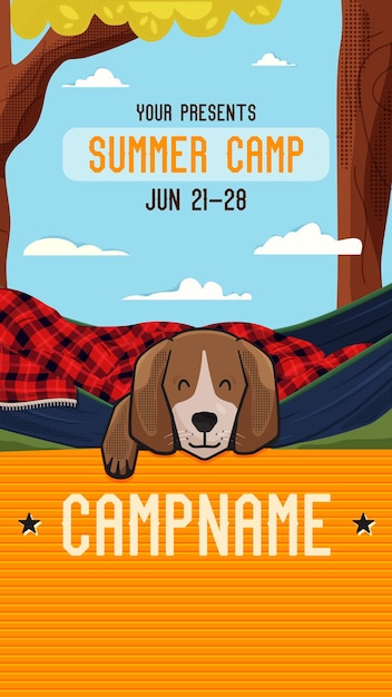 Campamento de verano adveture plantilla de publicación en redes sociales con perro durmiente y landcsape diseño clásico de historias de invitación para acampar gráficos de carteles vectoriales de stock