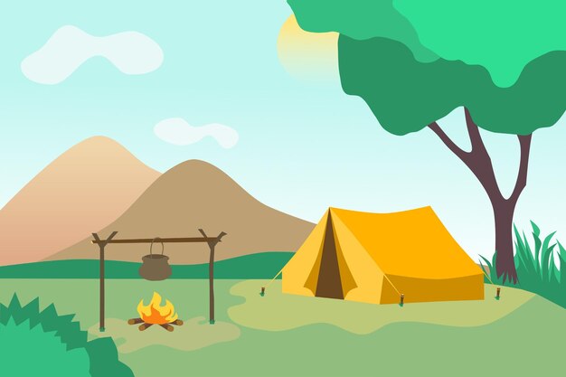 Campamento de verano en el bosque con tienda y hoguera Árboles de montaña y sol en el fondo Ilustración vectorial