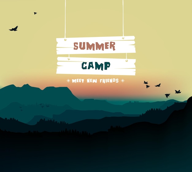 Campamento de verano, campamento temático e ilustración de carteles de vacaciones.