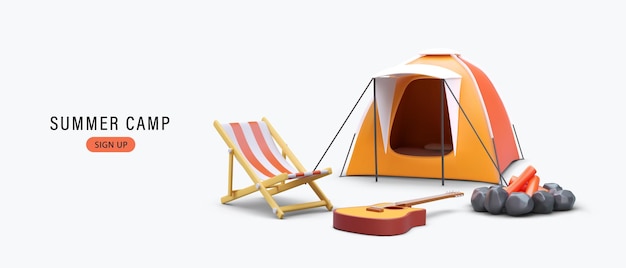 Campamento de verano Cartel comercial horizontal con texto y botón de registro Inscribirse