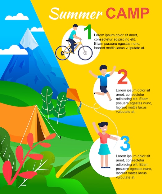 Campamento de verano infográfico con lista de acciones para niño.