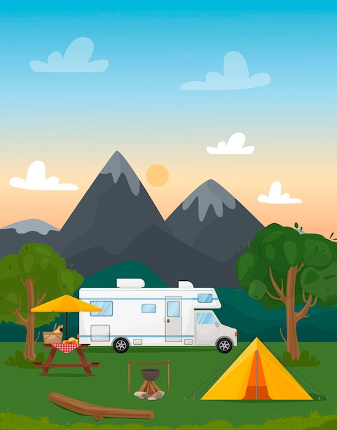 campamento de verano junto al fuego una caravana con una tienda de campaña un registro un hervidor de agua y una mesa paisaje con montañas