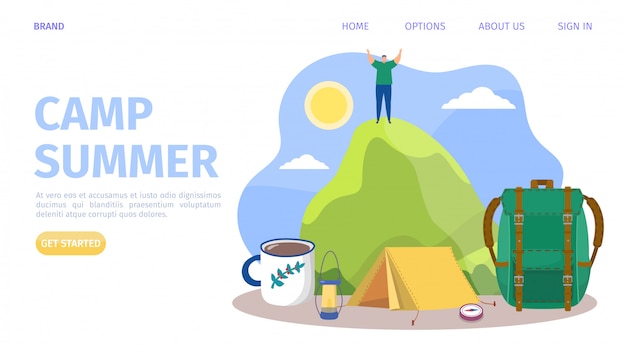 Campamento de verano en la montaña, ilustración. hombre de aventura, turismo de viajes en la naturaleza al aire libre. vacaciones de senderismo