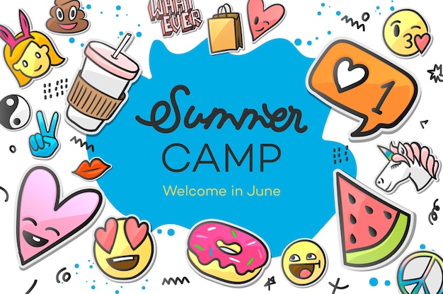 Campamento de verano para niños cartel creativo y colorido con pegatinas de emoticonos ilustración vectorial