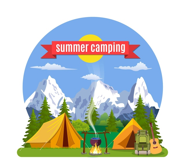 Campamento de verano Paisaje con carpa amarilla